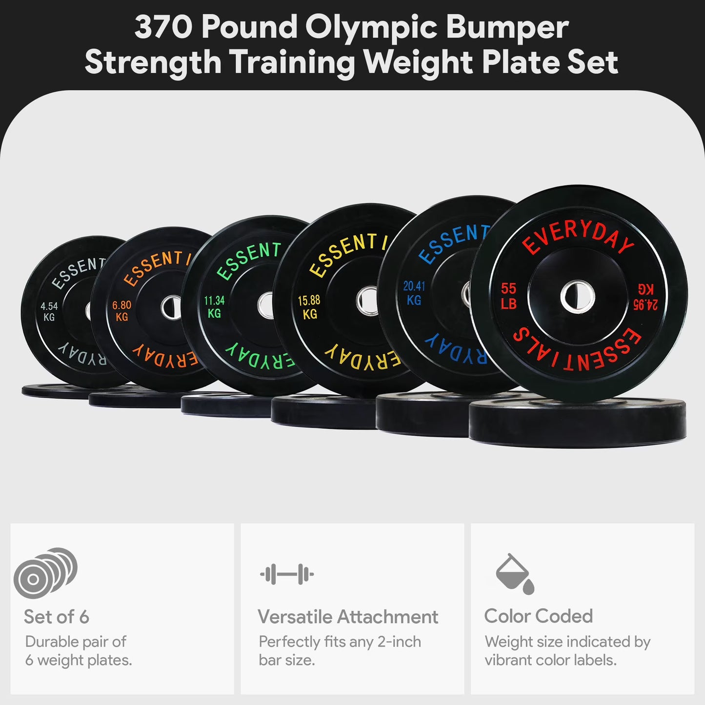 370 Lb Olympic Rubber Bumper Weight Plate Set with 2” Steel Hub Inserts