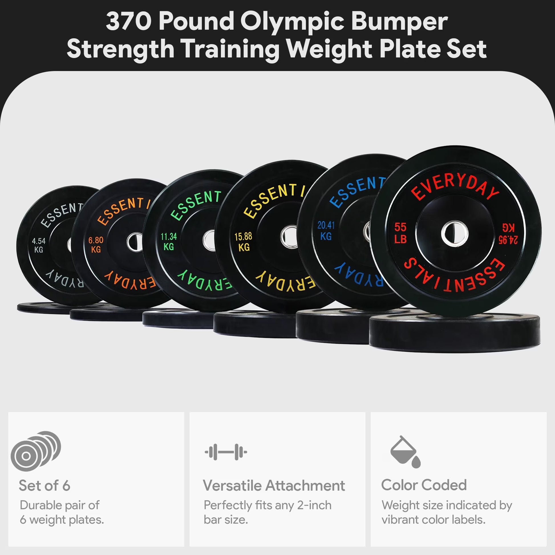 370 Lb Olympic Rubber Bumper Weight Plate Set with 2” Steel Hub Inserts