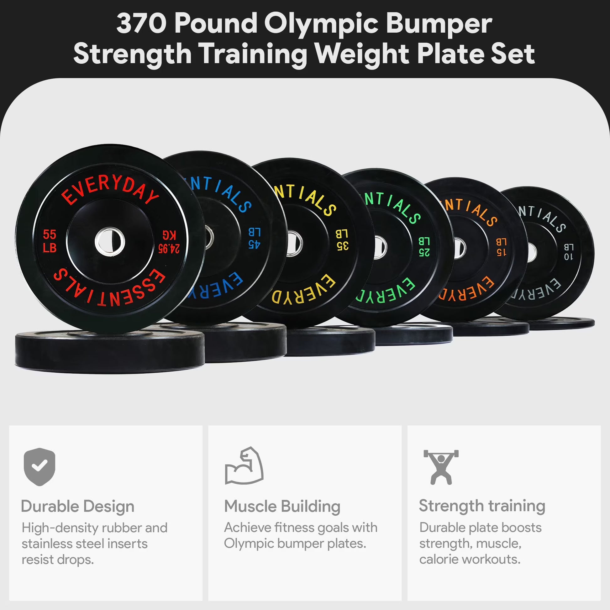 370 Lb Olympic Rubber Bumper Weight Plate Set with 2” Steel Hub Inserts