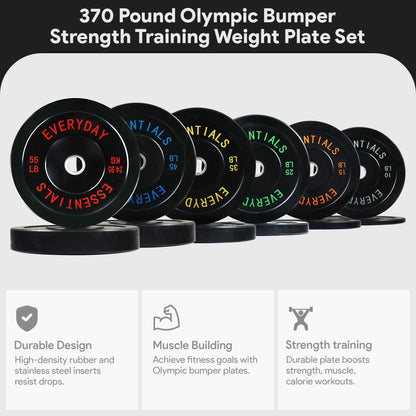 370 Lb Olympic Rubber Bumper Weight Plate Set with 2” Steel Hub Inserts